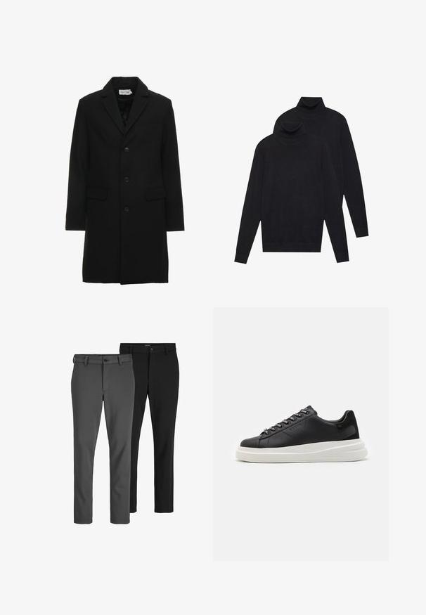 Black wool blend overcoat featuring a notched lapel, single-breasted button closure, two front pockets, and a sleek, tailored silhouette.; Two black long-sleeve turtleneck sweaters, plain knit, stacked with one slightly behind the other on a white background.; Two pairs of tailored pants, one gray and one black, made of smooth fabric. Features include a button closure and straight leg design.; Black leather sneaker with a white rubber sole, featuring flat laces and branded eyelets. Soft texture with a contrasting side accent.