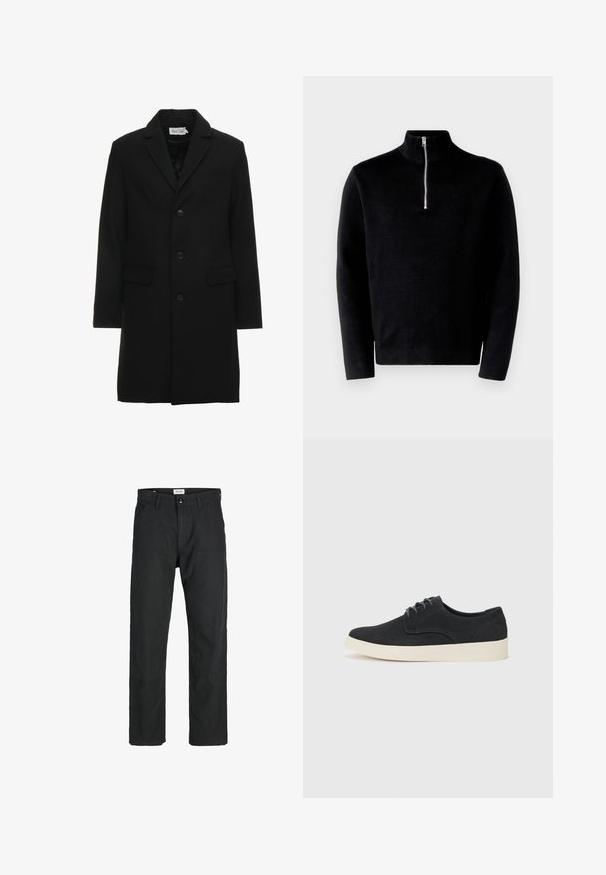 Schwarzer Wollmischungs-Mantel mit Reverskragen, einreihiger Knopfverschluss, zwei Fronttaschen und einer eleganten, taillierten Silhouette.; Schwarzer Pullover mit hohem Kragen und halbem Reißverschluss. Hergestellt aus geripptem Stoff, hat er lange Ärmel und eine glatte Textur.; Schwarze Hosen aus strapazierfähigem Stoff, mit geradem Bein, genähten Akzenten und zwei vorderen Taschen für Funktionalität.; Schwarzes Wildleder-Schnürschuh mit runder Spitze, leichtem cremfarbenem Sohlen und dezenten blauen Stickakzenten auf dem Obermaterial.