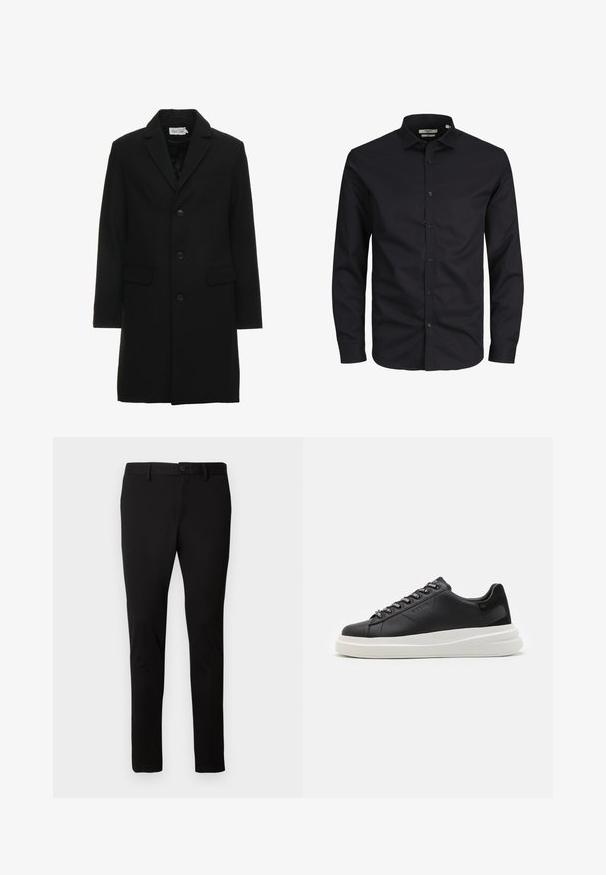 Črn volnen mešanica plašč z izrezanim ovratnikom, enojno zapiranje na gumbe, dvema sprednjima žepoma in elegantno, krojeno silhueto.; Črna dolgoročna srajca s kopčo iz bombaža z ostrim ovratnikom, sprednjimi gumbi in klasičnim krojem. Gladka tekstura, brez vzorcev.; Črne slim-fit hlače z zankami za pas, sprednjim gumbom in zadrgo, prikazane na enotni svetli ozadju.; Črne usnjene teniske z belim gumijastim podplatom, ki imajo ravne vezalke in blagovno znamko na ošitih luknjah. Mehka tekstura s kontrastnim stranskim poudarkom.