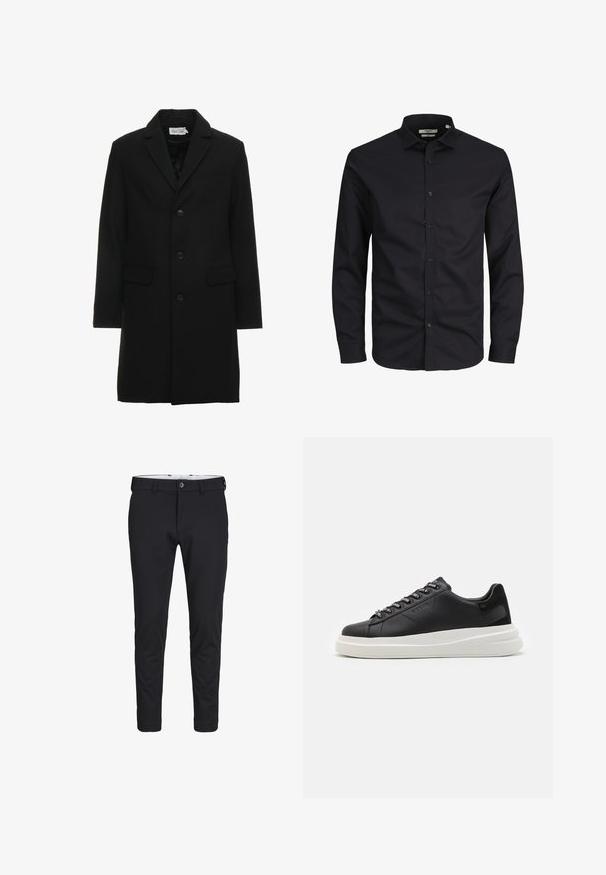 Abrigo de lana negro con mezcla de tejidos que cuenta con solapa tipo muesca, cierre de botón de un solo pecho, dos bolsillos frontales y una silueta elegante y ajustada.; Camisa negra de manga larga con botones, hecha de algodón, con cuello puntiagudo, botones frontales y un corte clásico. Textura suave, sin patrones.; Pantalones negros hechos de una tela suave y elástica. Tienen un corte ajustado, cierre con botón y bolsillos de tipo deslizante a los lados.; Zapatilla de cuero negra con suela de goma blanca, con cordones planos y ojales de marca. Textura suave con un acento lateral contrastante.