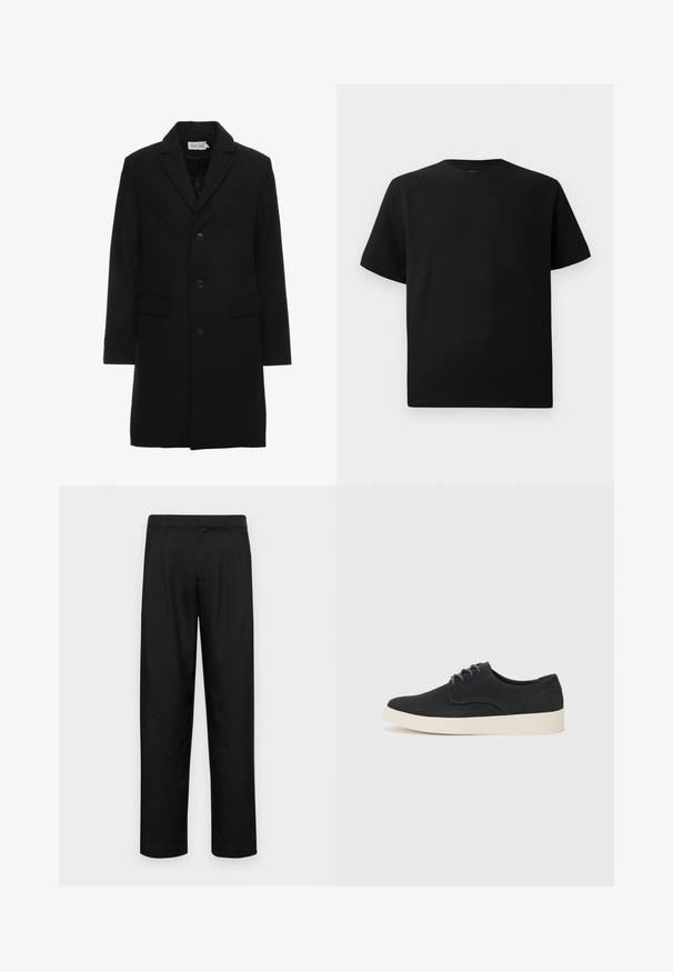 Svart ullblanding frakk med slagkrage, enkelknapp lukking, to frontlommer og en stilren, skreddersydd silhuett.; Svart T-skjorte med korte ermer laget av teksturert stoff, med rund halslinning og en avslappet passform. Enkel, uten mønstre eller detaljer.; Sorte bukser laget av glatt stoff, med rette ben, to frontfoldninger og standard liv med beltehemper.; Sorte svinedersko med snøring og rund tå, lett kremfarget såle og subtile blå broderi detaljer på overdelen.