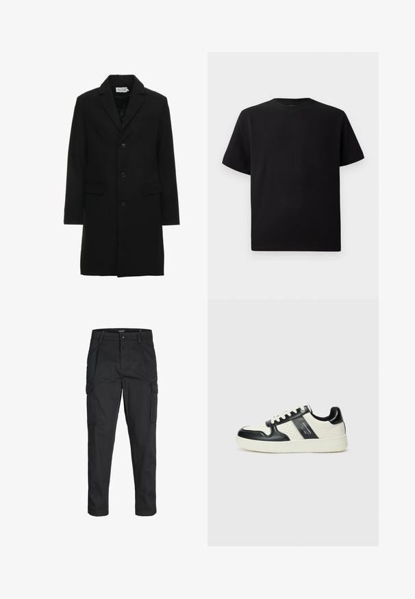 Čierny vlnený kabát s notched límcom, jednoradovým zapínaním na gombík, dvoma prednými vreckami a elegantným, strihaným siluetou.; Čierne tričko s krátkym rukávom vyrobené z textúrovanej látky, s okrúhlym výstrihom a voľným strihom. Jednoduché, bez vzorov alebo akcentov.; Čierne cargo nohavice z odolnej látky, s viacerými vreckami, gombíkovým zapínaním a úzkym strihom so zúženými nohavicami.; Kožené tenisky v čierno-krémovej farbe, s perforovanými akcentmi, polstrovaným golierom a štruktúrovanou podrážkou.