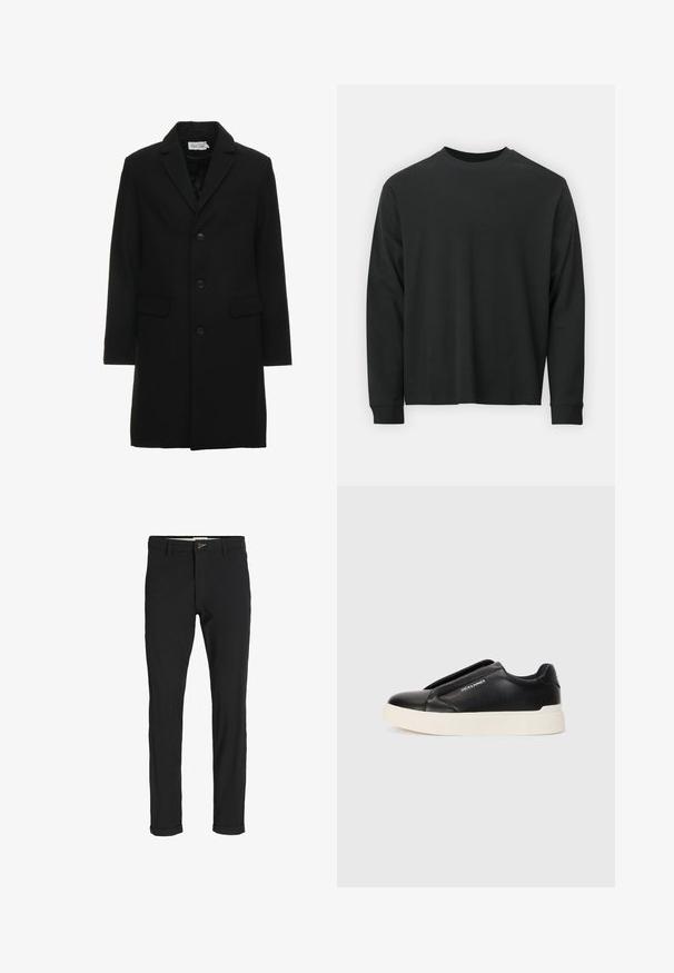 Black wool blend overcoat featuring a notched lapel, single-breasted button closure, two front pockets, and a sleek, tailored silhouette.; Long-sleeve black T-shirt made of cotton, featuring a round neckline, loose fit, and ribbed cuffs. Smooth texture with no visible patterns.; Black cotton blend pants with a slim fit, featuring a button closure, pockets, and rolled cuffs for a casual finish.; Black slip-on sneaker with textured leather upper, white rubber sole, and no visible laces. Features brand logo on the side.