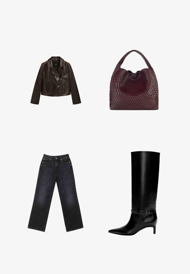 Brązowa skórzana kurtka o krótkim kroju z wyciętym kołnierzem, zamknięciem na zamek i dwoma przednimi kieszeniami. Posiada subtelną teksturę oraz kontrastowe przeszycia.; Przycięta koszula w kratę w odcieniach burgundowym i brązowym, z guzikami z przodu, kołnierzykiem i kieszonką na piersi. Miękka tkanina z długimi rękawami.; Czarne dżinsy z wysokim stanem i szerokimi nogawkami, pięciokieszeniowy design oraz widoczne szwy. Materiał ma gładkie, lekko teksturowane wykończenie.; Czarne skórzane wysokie botki z ostrym noskiem i niskim obcasem. Posiadają wąski pasek z metalową klamrą wokół kostki. Gładka tekstura.; Torebka w kolorze burgundowym, pleciona, o zaokrąglonym kształcie i pojedynczym uchwycie, z teksturowaną powierzchnią oraz elastycznym zaciąganym zapięciem.