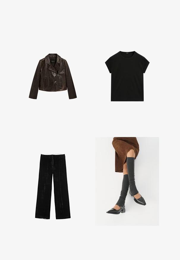 Brun læder cropped jakke med en fligkrave, lynlås lukning og to forlommer. Har en subtil tekstur og kontraststing.; Sort kortærmet T-shirt med rund hals og lige kant, præsenteret fladt på en hvid baggrund.; Sorte vide bukser i blødt velourmateriale, der har en glat tekstur, to forlommer og en flad talje med ingen udsmykning.; Sorte patenterede lædersko med spids tå, blokhæl og ankelrem, kombineret med grå ribbede benvarmere og en brun ruskinds nederdel.