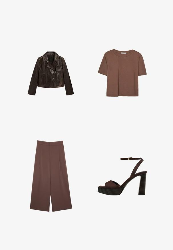 Braune Leder-Bomberjacke mit einem Reverskragen, Reißverschluss und zwei Vordertaschen. Verfügt über eine subtile Textur und Kontrastnähte.; Braunes, kurzärmliges T-Shirt aus weichem Material mit rundem Halsausschnitt und lockerer Passform. Keine sichtbaren Muster oder Akzente.; Braune Weite-Leg-Hosen mit einer glatten Textur, hoher Taille und Vorderfalten. Der Stoff ist leicht und fällt locker.; Braune Wildleder-Pumps mit offenem Zeh, verstellbarem Knöchelriemen und gestreiftem Plateausohlen.
