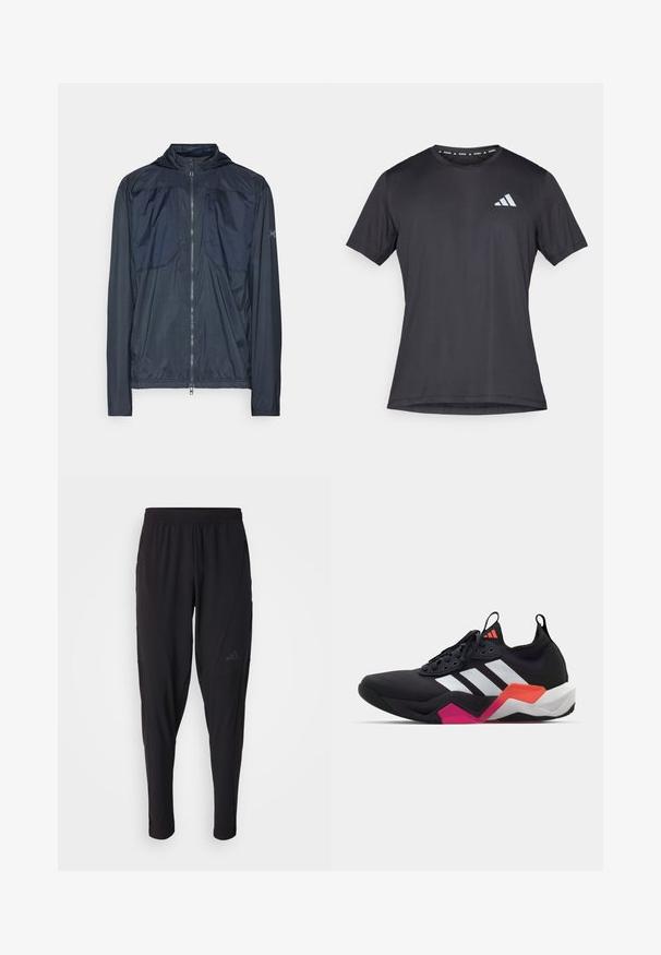 Veste légère à capuche bleu marine avec fermeture éclair sur toute la longueur, manches longues et poche poitrine zippée.; T-shirt de sport noir à manches courtes, col rond, fabriqué en tissu léger. Présente un logo Adidas réfléchissant à l'avant.; Pantalons de sport noirs avec une taille élastique, design fuselé, poches latérales et détail de logo subtil. Fabriqués en tissu flexible et respirant.; Chaussure de sport noire avec des rayures blanches, dessus texturé et semelle épaisse avec des accents orange, rose et blancs. Design à lacets avec une languette.