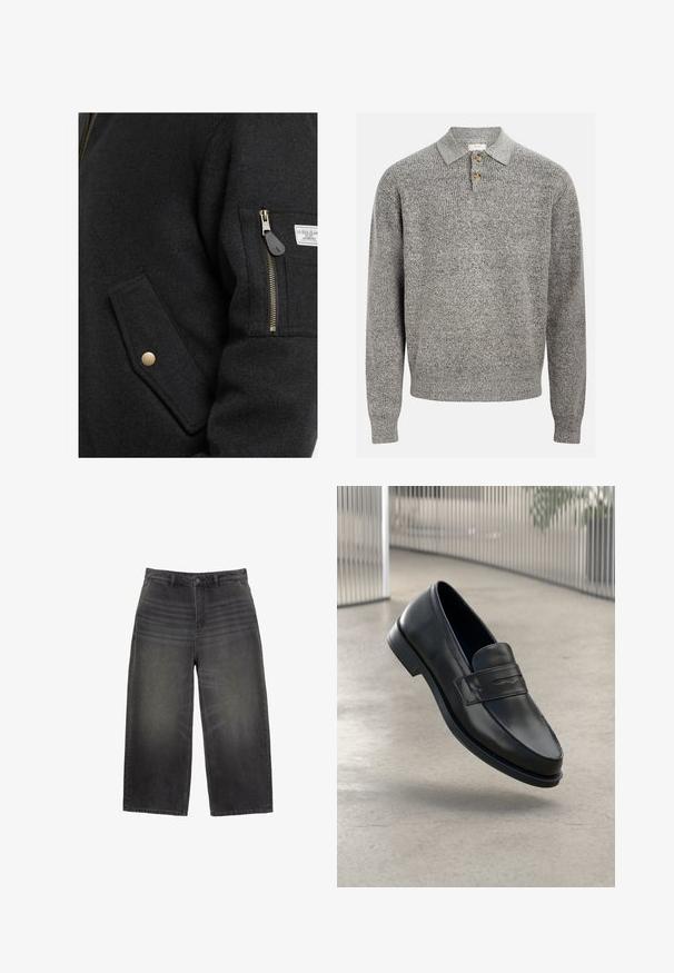 Giacca nera in misto lana con tasca con zip, dettagli dorati e tasca laterale a pattina. Il tessuto ha un aspetto liscio e strutturato.; Pullover grigio a maglia con colletto a polo, dotato di tre bottoni. Texture a coste e maniche lunghe. Design semplice e classico.; Jeans in denim nero a gamba larga con finitura sbiadita, dotati di un classico design a cinque tasche e chiusura con bottone. Taglio dritto con superficie testurizzata.; Mocassino in pelle nera con texture liscia, punta appuntita e una fascia decorativa sul collo del piede. Suola leggera, design minimale.