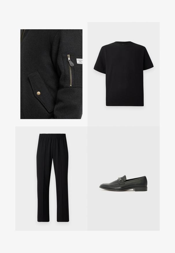 Mustasta villasekoite takista, jossa on vetoketjullinen tasku, kultaiset yksityiskohdat ja sivutasku. Kankaan pinta on sileä ja tekstuuri.; Mustat lyhyet hihattomat T-paidat, jotka on valmistettu teksturoidusta kankaasta. Pyöreä pääntie ja rento istuvuus. Yksinkertainen, ilman kuvioita tai yksityiskohtia.; Mustat, joustavat vyötäröhousut suoralla lahkeella, joissa on sileä pinta ilman näkyviä kuvioita tai metalliosia.; Musta nahkakengät, joissa on sileä pinta, koristeelliset ompeleet ja metalliketjun yksityiskohta kengän päällä. Littee korko.