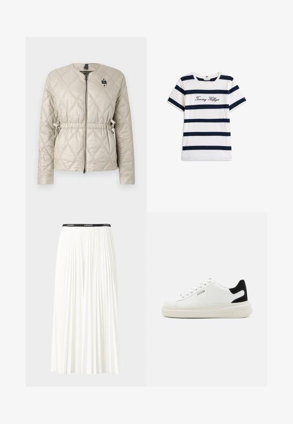 Šviesiai smėlinės spalvos siuvinėtas švarkas su apvaliu kaklu, elastinga juosta, pilnu užtrauktuku ir dekoratyvine etiketė. Audinys puošia deimantų raštas.; Baltos medvilninės marškinėliai su horizontaliomis tamsiai mėlynomis juostelėmis. Ant krūtinės išsiuvinėtas „Tommy Hilfiger“ rašmuo. Apvalus iškirpimas.; Pleated balta sijonas su juodu elastiniu juosmeniu, ant kurio yra "LACOSTE" logotipas. Vidutinio ilgio dizainas su švelnia tekstūra.; Baltos odinės sportbačiai su storu baltu padu, juodu nubuko kulno akcentu ir iškilmingu logotipu šone. Su raišteliais, turinčiais šešis akinius.