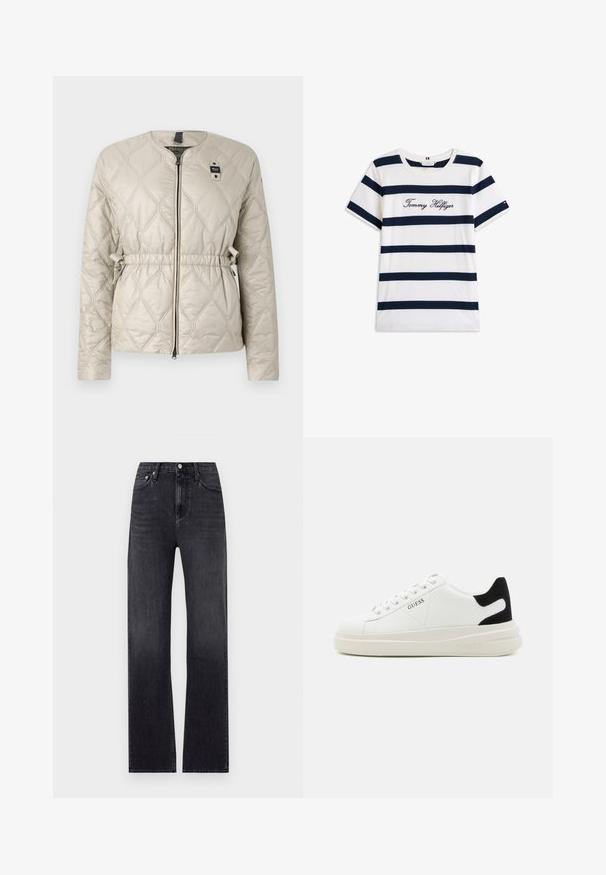 Lys beige quiltet jakke med rund hals, elastisk midje, full glidelås og dekorativ merkelapp. Har diamantmønster over stoffet.; Koftet laget av bomull har horisontale marineblå striper på hvit bakgrunn. "Tommy Hilfiger" brodert i kursiv på brystet. Rund hals.; Sorte straight-leg jeans laget av denim, med høy midje, fem lommer og glidelås med knappelukk. Svakt falmet vask.; Hvite lær sneakers med tykk hvit såle, svart semsket hælforsterkning og preget logo på siden. Snøresystem med seks hull.