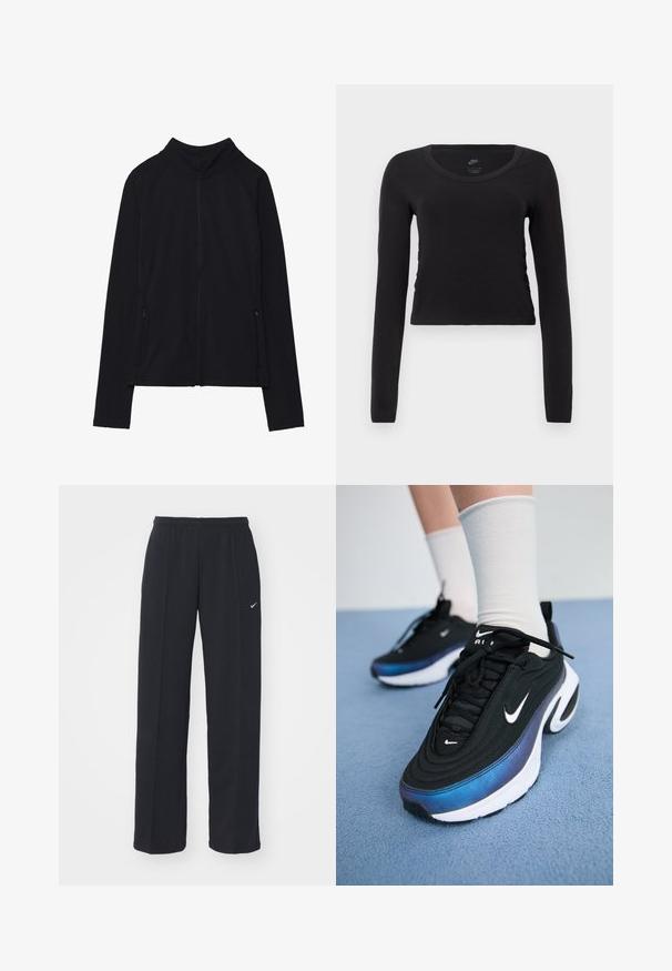Črna jakna z dolgimi rokavi, z zadrgo, visokim ovratnikom in dvema sprednjima žepoma z zadrgo, položena ravno na belo ozadje.; Dolga majica s kratkimi rokavi, skrajšana, v enotni črni barvi iz bombaža. Ima okroglo ovratnik in rahlo nabiranje na straneh za prileganje.; Črne Nike trenirke z elastičnim pasom in stranskimi žepi, z majhnim belim logotipom na levem hlačniku in ravno krojem.; Črne Nike športne copate z gladkim zgornjim delom iz tkanine, ki imajo gradientni dizajn od modre do črne, belo podplat in izrazite logotipne akcenta.