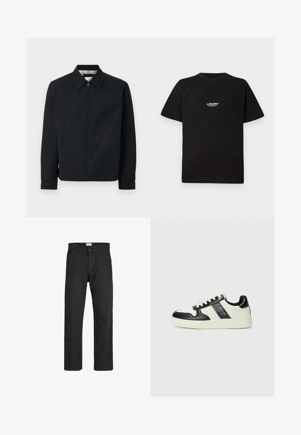 Black zip-front jacket with a pointed collar, side pockets, and a contrasting plaid lining. Features long sleeves and a straight cut.; Black cotton t-shirt with a round neckline and short sleeves. Features a white "JJ Studios" logo on the upper chest area.; Black pants made of durable fabric, featuring a straight-leg design, stitched accents, and two front pockets for functionality.; Leather sneakers with a black and cream color scheme, featuring perforated accents, a padded collar, and a textured outsole.