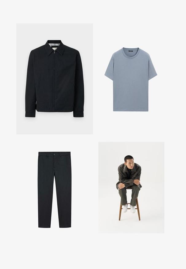 Sort lynlåsjakke med spidse krave, sidelommer og en kontrasterende ternet foring. Har lange ærmer og en lige pasform.; Lyseblå bomulds T-shirt med rund halsudskæring, korte ærmer og en afslappet pasform; glat tekstur uden synlige mønstre eller detaljer.; Sorte bukser med lige ben design, lavet af glat stof. Har to forlommer og en knaplukning i taljen.; Brun læderjakke med en bred krave, parret med mørkegrønne jeans og hvide sneakers. Modellen sidder på en trætaburet.