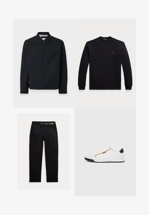 Giacca nera con zip frontale, colletto a punta, tasche laterali e fodera a scacchi a contrasto. Presenta maniche lunghe e una linea dritta.; Maglietta nera di cotone a maniche lunghe con scollo tondo, dotata di un piccolo logo rosso sul petto. Texture liscia e design aderente.; Pantaloni neri in tessuto leggero, dotati di una cintura elastica integrata di colore verde, taglio dritto e tasche laterali.; Scarpe sportive bianche con accenti in rete e pelle. Presentano un logo dorato "BOSS", pannelli laterali testurizzati e un copri tallone nero. Suola in gomma.