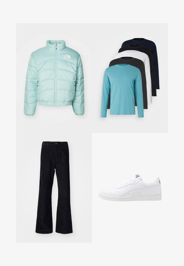 Lysblå, puffy jakke med høj krave, lynlås foran og logo på venstre bryst. Har elastiske manchetter og talje.; Fem langærmede T-shirts i en række: turkis, sort, hvid, mørkegrå og navyblå. Blødt stof med rund halsdesign og standard pasform.; Sorte, bomuldsforlængede bukser med en traditionel linning, enkelt forreste knap og lommer på siderne og bagpå. Glat tekstur.; Hvide lædersneakers med en glat finish, perforerede detaljer og en tekstureret mellemsål. Har et logo på tungen og striber på siden.