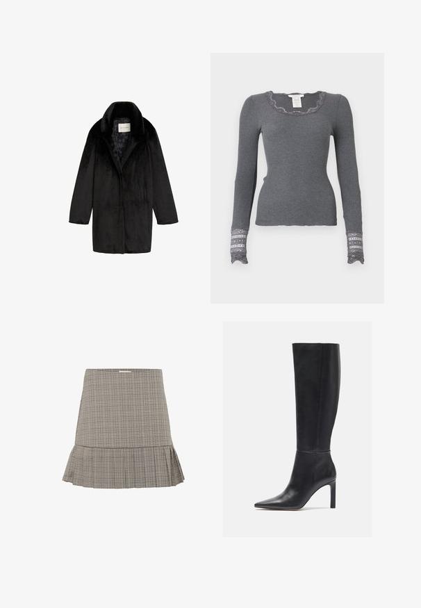 Mustan tekoturkikankaan takki, jossa on huivitakki, yksittäinen napitus ja teksturoitu pinta. Vuorattu hienovaraisella kukkakuviolla.; Harmaa pitkähihainen ribbitoppi, jossa on aaltoileva kaulus ja pitsisomisteiset hihansuut. Topissa on teksturoitu kuvio.; Harmaa ruutuhame, jossa on levenevä helma, hienovarainen pliseerattu muotoilu ja istuva vyötärö. Valmistettu kevyestä kankaasta.; Mustat nahkakengät, jotka ulottuvat polven korkeudelle, varustettuna kärjeltään terävällä muotoilulla ja sileällä pinnalla. Kengissä on tyylikäs design ja hyvin vähän sauma- sekä ompeluyksityiskohtia.