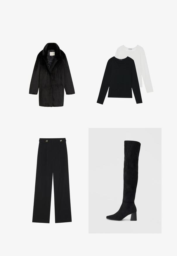 Čierny kabát z umelého kožucha so šálovým golierom, zapínaním na jeden gombík a textúrovaným vzhľadom. Podšitý jemným kvetinovým vzorom.; Dvoje dlhých rukávov, jedny čierne a jedny biele, s hranatým výstrihom a vyrobené z mäkkého, elastického materiálu.; Čierne široké nohavice s vysokým pásom, so zapínaním na gombíky na páse a prednými sklady.; Čierna semišová kozačka po kolená s blokovým podpätkom, špicatou špičkou a hladkým, bezšvovým dizajnom na jednoduchom svetlom pozadí.