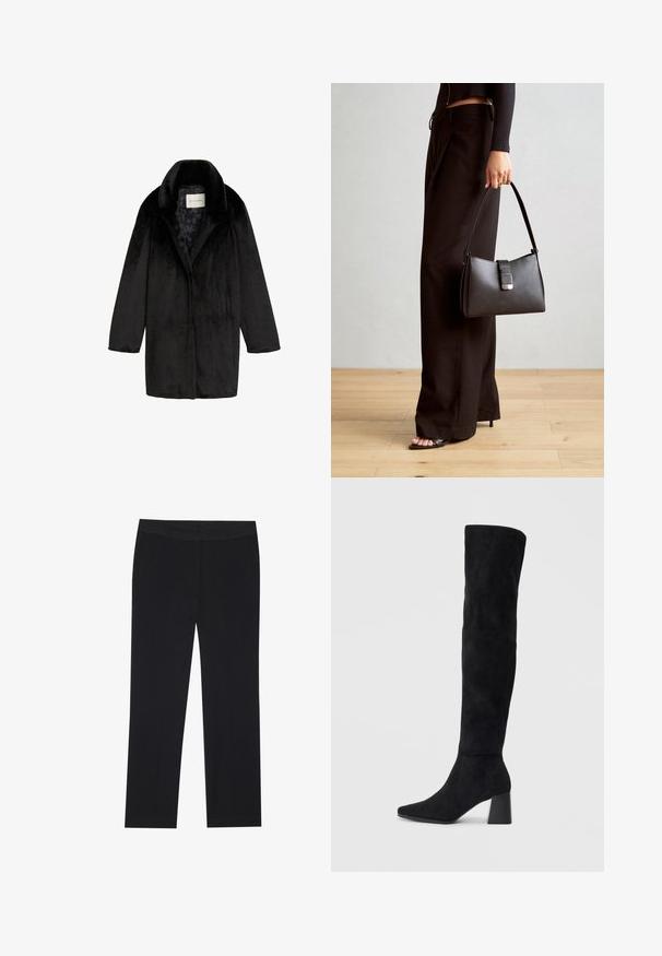 Čierny kabát z umelého kožucha so šálovým golierom, zapínaním na jeden gombík a textúrovaným vzhľadom. Podšitý jemným kvetinovým vzorom.; Čierny top s dlhými rukávmi, flitrovanými manžetami, mäkkou textúrou a voľným strihom, s jednoduchým okrúhlym výstrihom.; Čierne nohavice s rovnými nohavicami, so bočnými vreckami a hladkým povrchom materiálu. Minimálne detaily, čistý pás.; Čierna semišová kozačka po kolená s blokovým podpätkom, špicatou špičkou a hladkým, bezšvovým dizajnom na jednoduchom svetlom pozadí.; Čierna kabelka so štruktúrovaným tvarom, hladkou textúrou a kovovou sponou. V kombinácii so širokými čiernymi nohavicami a sandálmi s otvorenou špičkou na drevenej podlahe.