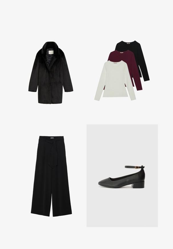 Mustan tekoturkikankaan takki, jossa on huivitakki, yksittäinen napitus ja teksturoitu pinta. Vuorattu hienovaraisella kukkakuviolla.; Pitkähihaiset t-paidat valkoisena, burgundinpunaisena ja mustana. Valmistettu pehmeästä kankaasta, jossa on pyöreä kaula-aukko ja vartalonmyötäinen muotoilu. Sopii hyvin kerroksittain käytettäväksi.; Mustat leveät housut, joissa on teksturoitu kangas, joustava vyötärö ja irrotettava nauha vyötäröllä säädettävää istuvuutta varten.; Mustat nahkakengät, joissa on terävä kärki ja matala lohkare korko. Varustettu nilkkahihnalla, jossa on kultasävyinen solki. Lisää sileä pinta.