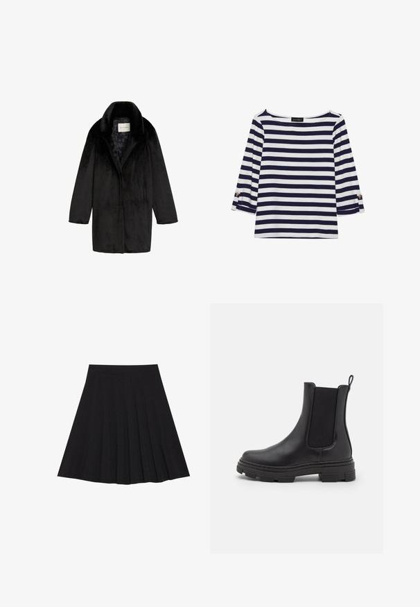 Čierny kabát z umelého kožucha so šálovým golierom, zapínaním na jeden gombík a textúrovaným vzhľadom. Podšitý jemným kvetinovým vzorom.; Námornícky a bielo pruhovaný top s dlhým rukávom, ktorý má lodičkový výstrih a zlaté gombíkové akcenty na zrolovaných rukávoch. Mäkčená látka, voľný strih.; Čierna plisovaná sukňa vyrobená z textúrovanej látky s priliehavým pásom. Padá do dĺžky po kolená a má hladký, čistý siluetu.; Čierne kožené členkové čižmy s elastickými bočnými panelmi, zaoblenou špičkou a textúrovanou gumovou podrážkou. Obsahuje slučku na zadnej strane pre jednoduché obúvanie.