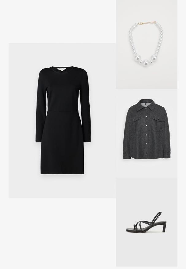 Gray, wool-blend jacket featuring a button closure, two chest pockets, and a collar. Soft texture with a relaxed fit.; Black long-sleeve dress with a round neckline. Fitted silhouette with a seam detail at the waist. Soft fabric, smooth texture. No patterns or embellishments.; Black strappy sandal with a square toe and a low block heel. Features multiple thin straps and an adjustable ankle strap. Made of smooth leather.; Black leather tote bag with smooth texture, structured shape, two handles, and a prominent silver buckle detail on the front.; White pearl necklace featuring varied sizes of glossy round pearls with a gold lobster clasp and adjustable chain.