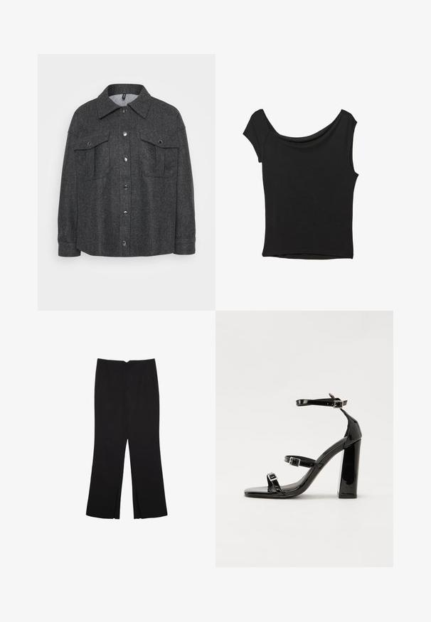 Siva jakna od mješavine vune s kopčanjem na dugmad, dva džepa na prsima i ovratnikom. Mekana tekstura i opušteni kroj.; Crna majica kratkih rukava od glatkog materijala; ima drapirani izrez i asimetrični donji rub, uz prilagođeni kroj tijela.; Crne hlače ravnog kroja, s prednjim džepovima i bočnim prorezima na rubu. Izrađene od mekog i glatkog materijala. Pogodne za razne prigode.; Crne lakirane sandale na pete sa kvadratnim nosom, trakama oko gležnja i srebrnim kopčama. Imaju čvrst blok petu za stabilnost.