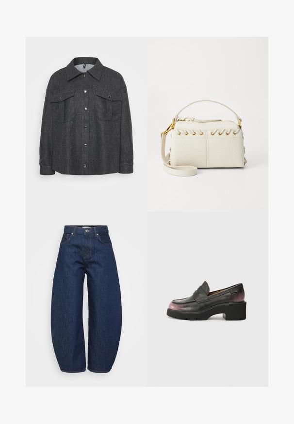 Hall värvi villa-segu jope, millel on nupuvajutusega kinnitamine, kaks rinna taskut ja krae. Pehme tekstuur ja mugav lõige.; Even&Odd Petite 2 PACK - Topp - light grey/black; Kõrge vöökohaga tumesinised denim püksid laia säärega, esine nupuga ja tõmblukuga sulgemine ning klassikaline viie tasku disain.; Mustad mustrandi nahast kingad ümmarguse varbaga, aktsentrihmaga ja mustast tumepunase tooni üleminekuga kanna juures. Omavad paksemat tallat.; Valge kunstnahast kott, millel on ülemine tõmblukk, lühike käepide ja eemaldatav ristkeha rihm kuldsete detailidega. Külgade lacing detail.; Hõbedane rõngas kõrvarõngas poleeritud viimistlusega, millel on väikesed kuldsed aktsendid ja ümmargune kuju, kantud lobus.