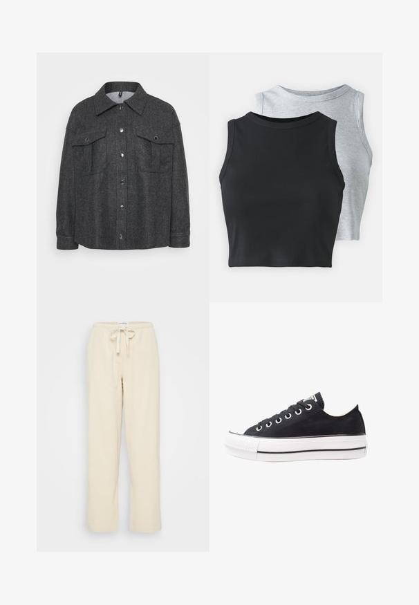 Grå, uldblandet jakke med knaplukning, to brystlommer og krave. Blød tekstur med en afslappet pasform.; Even&Odd Petite 2 PACK - Top - light grey/black; Even&Odd Petite Bukser - beige; Sort lærreds sneaker med hvid gummisål, rund tå, lavtop design, metaløjer og en struktureret tåhætte. Tynd sort stribe langs sålen.