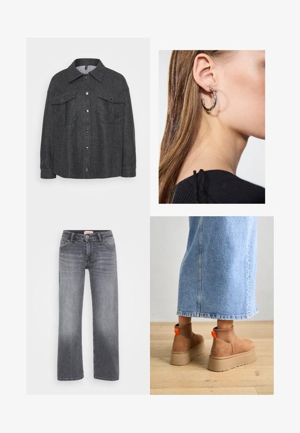 Hall värvi villa-segu jope, millel on nupuvajutusega kinnitamine, kaks rinna taskut ja krae. Pehme tekstuur ja mugav lõige.; Even&Odd Petite 2 PACK - Topp - light grey/black; Halli teksad otste kujundusega, viie taskuga stiil, kerge pleekimisega ja nööpkinnipeaga vöökoht.; Pruunid nahatooted platvormikontsad elastsete külgpaneelidega ja oranžide tõmbetuttidega, koos puusani ulatuva heleda denim-seelikuga puidust põrandal.; Hõbedane rõngas kõrvarõngas poleeritud viimistlusega, millel on väikesed kuldsed aktsendid ja ümmargune kuju, kantud lobus.