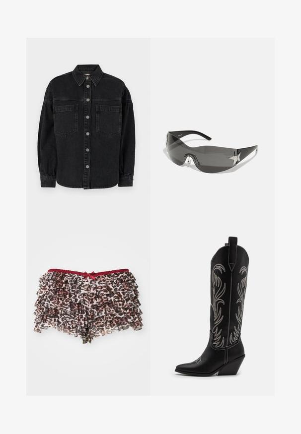 Black denim shirt with long sleeves, collared neck, two front pockets, and button closure. Soft texture with a slightly faded finish.; Floral mesh tank top with pink, purple, and green hues. Features black lace straps and colorful rhinestone embellishments on the front.; Floral leopard-print shorts with layered ruffles, featuring a red lace waistband and a small bow accent in front.; Black leather cowboy boots with pointed toes, wedge heels, and silver embroidered floral patterns along the shaft. Contrast stitching throughout.; Black sunglasses with a wrap-around design, dark tinted lenses, shiny star-shaped accents, and adjustable nose pads.; Black leather shoulder bag with a textured finish, featuring a chain accent, adjustable strap, and silver hardware details.
