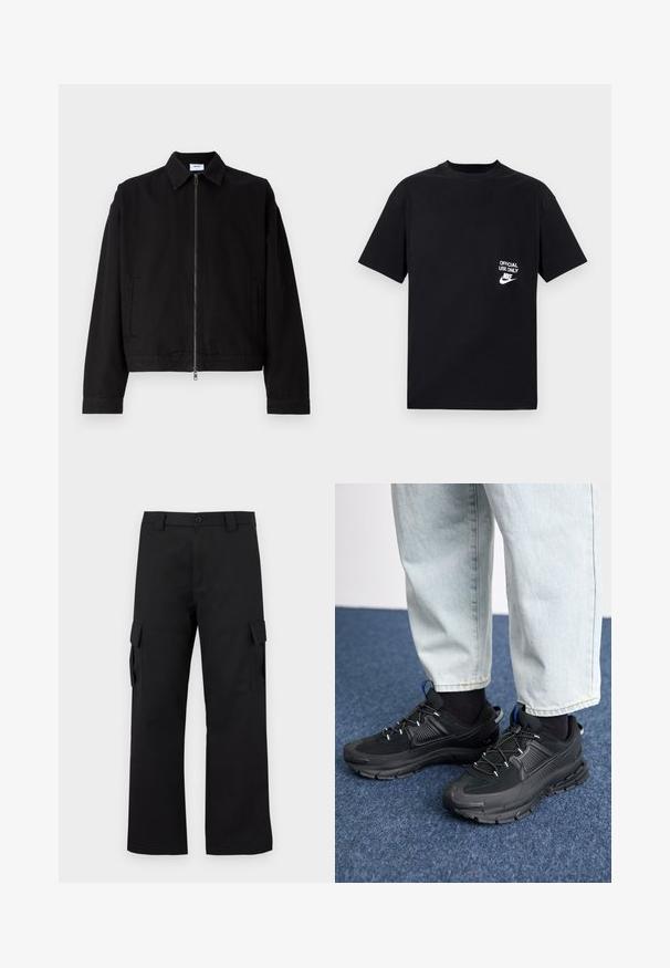 Black cropped jacket made of cotton with a front zipper, pointed collar, and side pockets. Features long sleeves and a smooth texture.; Black cotton t-shirt with short sleeves, round neckline, featuring white text “OFFICIAL USE ONLY” and Nike logo on the left chest.; Black cargo pants with a straight leg design. Made from durable fabric, featuring two side pockets with flap closures and a button fly.; Black athletic shoes with textured fabric and rubber soles, featuring elastic laces and a blue accent on the heel. Worn with light denim pants.