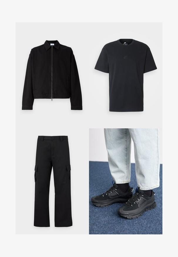 Svart kort jacka i bomull med framdragkedja, spetskrage och sidofickor. Har långa ärmar och en slät yta.; Svart t-shirt i bomull från Nike med klassisk rund halsringning, korta ärmar och en diskret, präglad logotyp på bröstet. Slät textur.; Svarta cargobyxor med rak bendesign. Tillverkade av slitstarkt tyg, med två sidofickor med klaffstängningar och knappgylf.; Svarta sportskor med texturerat tyg och gummisulor, med elastiska snörningar och en blå detalj på hälen. Bärs med ljusa jeans.