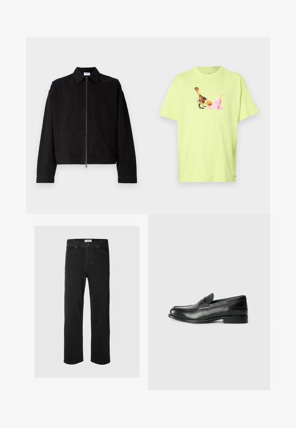 Sort cropped jakke lavet af bomuld med frontlynlås, spidse revers og sidelommer. Den har lange ærmer og en glat tekstur.; Limegrøn bomulds T-shirt med et grafisk motiv af en fugl og en lyserød isvaffel, med en simpel rund hals og korte ærmer.; Sorte denim straight-leg jeans har et klassisk fem-lomme design med knaplukning, minimal syning og en blød tekstur.; Sorte læder loafers med en glat overflade, syede detaljer over vamps og en let hævet hæl.