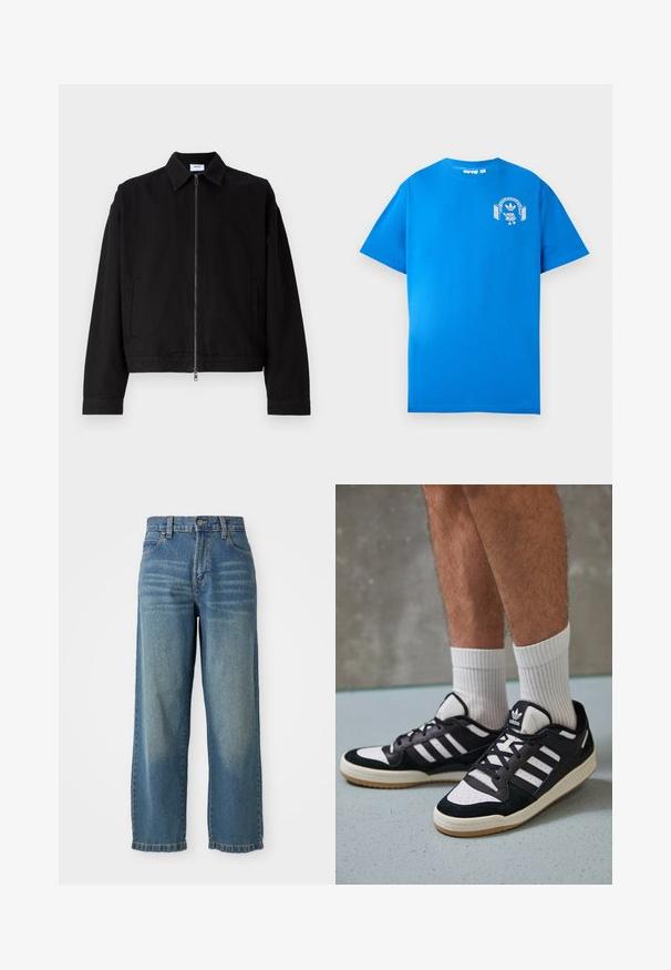 Svart kort jakke laget av bomull med glidelås foran, spiss krage og sidelommer. Har lange ermer og en glatt tekstur.; Blå bomull T-skjorte med korte ermer. Har et hvitt grafisk design på forsiden, som viser en karakter med hodetelefoner og en bue.; Lyseblå denim bukser med vide ben og høy midje, fem lommer og en lett falmet finish. Har knapp- og glidelås-lukkning.; Sorte og hvite sneakers med overdel i semsket skinn og lær, med tre hvite striper, perforert tå og en såle av gummi.