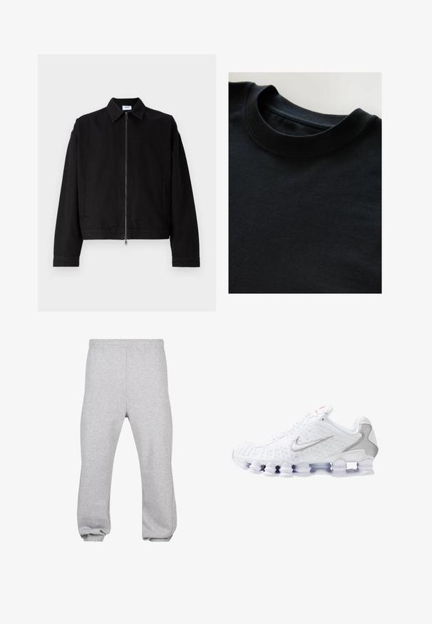 Musta lühendatud jakk puuvillast, millel on ees lukku, terav krae ja küljetaskud. Omab pikki varrukaid ning sujuvat tekstuuri.; Must musta T-särk pehmea ja tekstuuritundega kangast, lühikeste varrukatega ja siledat kaelust. Lihtne disain ilma mustrite või trükkideta.; Hallide hallid puuvillasegusest kangast dressipüksid, millel on elastne vöökoht, kitsenevad jalad ja mansetid. Lihtne disain, ilma mustriteta.; Valge spordijalats, millel on tekstuuriga võrgust pealne, hõbedane Nike logo, pehmendatud kaelus ja ainulaadne läbipaistev plastist tald, millel on vedrud.