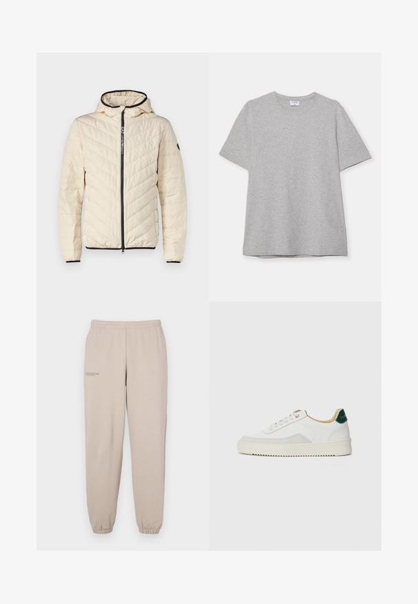 Pamuotas béžinis džemperis su horizontaliai siuvinėtu raštu, juoda užtrauktuku ir gobtuvu. Yra elastinės rankovės ir logos detalė ant rankovės.; Pilkas trumpas rankovėmis marškinėliai, pagaminti iš minkštos, tekstūruotos medžiagos. Turi klasikinį apvalų kaklą ir tiesų apatinį kraštą, tinkamą kasdieniam dėvėjimui.; Šviesiai rudos sportinės kelnės, pagamintos iš minkštos medžiagos, su elastinga juosmens juosta ir rankovėmis, ant kairės kojos esančiu mažu spaudu.; Baltos sportbačiai su zomšos akcentais, apvaliu nosiu, plokščiais raišteliais ir kreminės spalvos guminiu padu. Ant kulno yra žalia ženklinimo detalė.