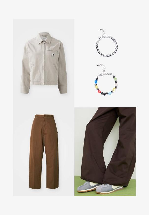 Giacca in cotone grigio chiaro con zip frontale, colletto a punta e due tasche laterali. Presenta una tasca sul petto con zip e etichetta con logo.; T-shirt bianco a maniche corte realizzato in cotone. Design a girocollo con una texture liscia e senza motivi o accenti visibili. Stile base.; Pantaloni brown a gamba larga realizzati in tessuto resistente con chiusura con bottone e tasche laterali. Texture liscia e taglio dritto.; Pantaloni ampi marroni con una trama liscia e dettagli delle cuciture laterali, abbinati a sneaker in stile retrò grigie e bianche con suola in gomma.; Bracciale in argento con maglie allungate sopra. Sotto, un bracciale colorato con perline nere, blu, verdi, gialle, rosse e trasparenti.
