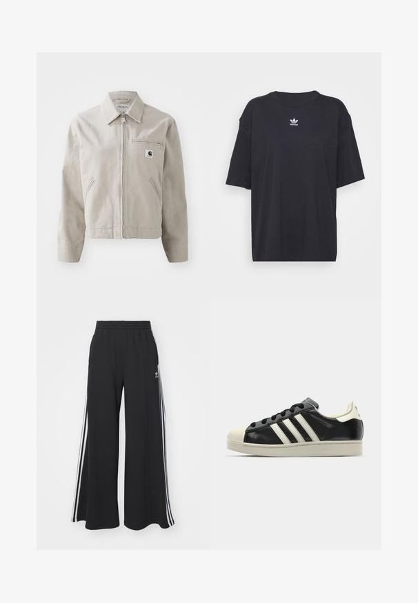 Light gray cotton jacket with a zip front, pointed collar, and two side pockets. Features a chest pocket with zip and branded label.; Black cotton t-shirt with short sleeves, round neckline, features a white Adidas logo on the chest. Simple design, relaxed fit.; Black wide-leg sweatpants with an elastic waistband, featuring white side stripes and an embroidered logo on the left thigh.; Black leather sneaker with white stripes, rubber toe cap, black laces, and a cream-colored outsole. Smooth texture with shiny finish.