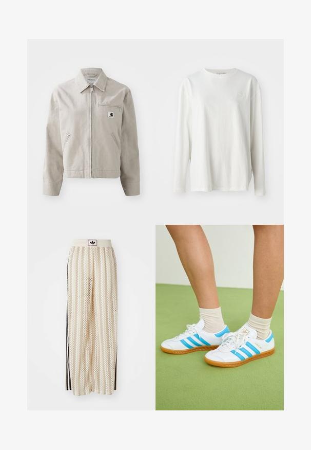 Giacca in cotone grigio chiaro con zip frontale, colletto a punta e due tasche laterali. Presenta una tasca sul petto con zip e etichetta con logo.; T-shirt bianco a maniche lunghe in cotone, con collo rotondo, spalle scese e un logo discreto sul petto. Texture morbida.; Pantaloni a gamba larga color crema con un motivo a zigzag, dotati di una fascia in vita nera con logo e strisce nere laterali. Tessuto leggero e testurizzato.; Sneakers bianchi con strisce azzurro chiaro, suola in gomma e design con lacci. Presentano un marchio dorato e una texture liscia simile alla pelle.