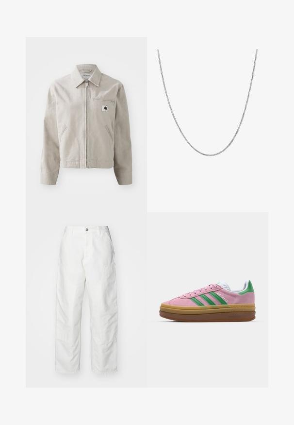 Light gray cotton jacket with a zip front, pointed collar, and two side pockets. Features a chest pocket with zip and branded label.; White cotton t-shirt with a relaxed fit, short sleeves, and a small embroidered logo on the left chest area.; White cargo pants made of denim, featuring a relaxed fit, side pockets, and visible stitching details. Plain front with a button closure.; Pink suede sneakers with green stripes, white accents, and a brown rubber sole. Features textured fabric and logo detailing on the side.; Silver chain necklace with a smooth, round flat link design. Features a shiny finish and measures approximately 20 inches in length.