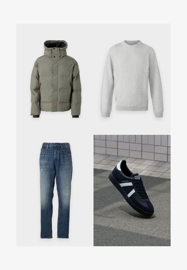 Puffer jacket in olive green, featuring a high collar, zippered side pockets, and elastic cuffs. Smooth texture and padded design.; Light gray ribbed sweater with a round neckline, long sleeves, and a straight hem. Made of soft, textured fabric.; Denim jeans featuring a faded blue color, a straight leg design, moderate distressing on the front, and a classic five-pocket style.; Black leather sneaker with white stripes, textured rubber sole, and lace-up front. Features a branded label on the tongue.