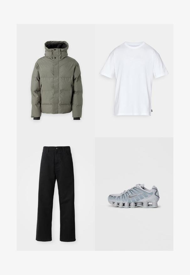 Puffer jacket in olive green, featuring a high collar, zippered side pockets, and elastic cuffs. Smooth texture and padded design.; White cotton t-shirt with short sleeves and a round neck. Features a small, subtle Nike logo on the chest and a side label.; Black denim pants with a straight cut, featuring front pockets, a zip fly, and a single top button. Textured fabric with a matte finish.; Light gray Nike sneakers with a textured upper, mesh detailing, and a unique cushioned sole featuring multiple rounded pods.