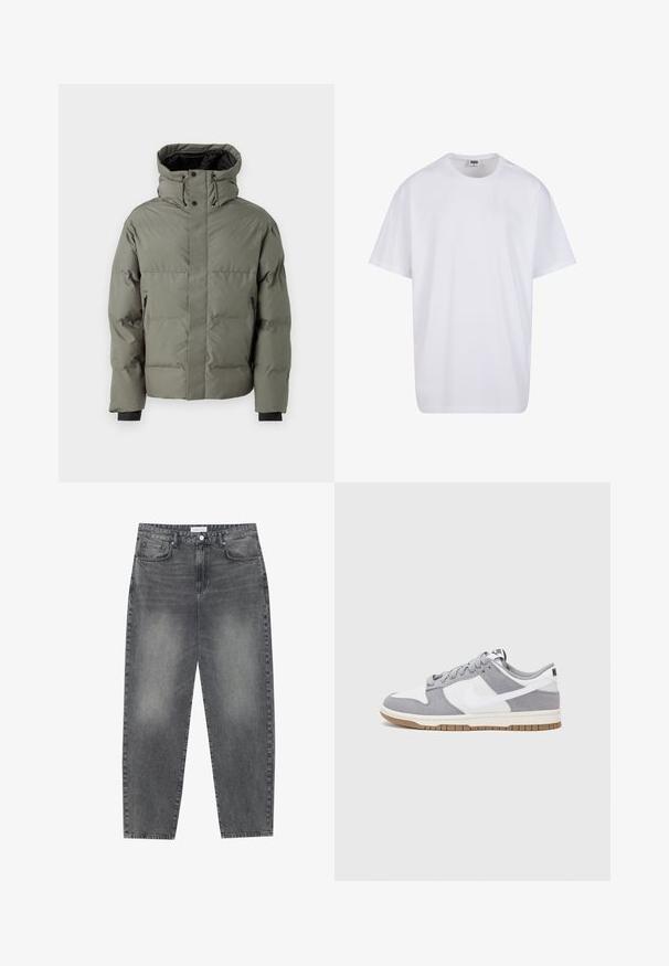 Puffermantel in olivgrün, mit hohem Kragen, seitlichen Reißverschlusstaschen und elastischen Bündchen. Glatte Textur und gepolstertes Design.; Weiße Baumwoll-T-Shirt mit kurzen Ärmeln, rundem Ausschnitt, lockerer Passform und ohne sichtbare Logos oder Muster. Glatte Textur und minimalistisches Design.; Hoch taillierte, locker sitzende Jeans aus verwaschenem schwarzem Denim. Verfügt über fünf Taschen, Gürtelschlaufen und ein sauberes, gerades Bein-Design.; Graue und weiße Sneaker mit einem Obermaterial aus Wildleder und Leder, abgerundeter Spitze, flachen Schnürsenkeln und einer Gummisohle mit einem Kautschukakzent.