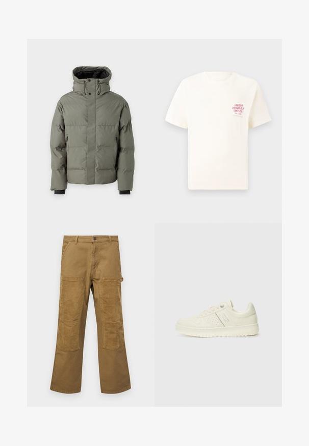 Puffjakke i olivengrønn, med høy krage, glidelås-lommer på sidene og elastiske mansjetter. Glatt tekstur og polstret design.; Hvit T-skjorte med korte ermer og rød tekst "Studio Originals Edition" på venstre bryst, vist på en nøytral grå bakgrunn.; Cargo bukser laget av brunt bomull med kontrasterende ribbestrikkede stofflapper, rett ben-kutt, fem lommer og knappelukking.; Kremfargede sneakers med perforerte detaljer, snøring og logo på siden, vist mot en enkel hvit bakgrunn.