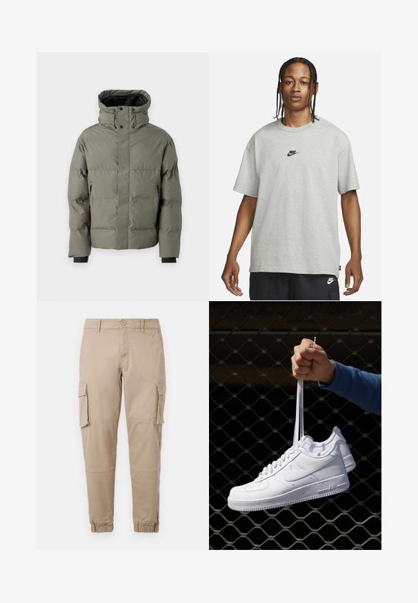 Giacca a vento in verde oliva, con colletto alto, tasche laterali con zip e polsini elasticizzati. Texture liscia e design imbottito.; Giovane con capelli intrecciati che indossa una maglietta Nike grigia chiara e pantaloni Nike neri su uno sfondo bianco semplice.; Pantaloni cargo beige in un leggero cotone. Presentano polsini elasticizzati, molteplici tasche laterali e una chiusura con bottone.; Sneakers in pelle bianca con perforazioni, punta rotonda, suola piatta e lacci spessi, con logo swoosh visibile e "AIR" sul tallone.