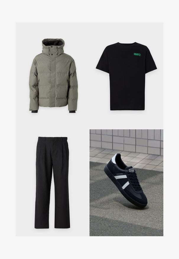 Puffermantel in olivgrün, mit hohem Kragen, seitlichen Reißverschlusstaschen und elastischen Bündchen. Glatte Textur und gepolstertes Design.; Schwarzes T-Shirt aus Baumwolle mit kurzen Ärmeln. Auf der Vorderseite befindet sich ein grünes "ROOTS"-Logo, es hat einen runden Halsauschnitt und eine normale Passform.; Jack & Jones JPSTBILL JJDAYTONA WIDE - Stoffhose - black; Schwarze Leder-Sneaker mit weißen Streifen, strukturiertem Gummisohle und Schnürung. Verfügt über ein Markenetikett auf der Zunge.