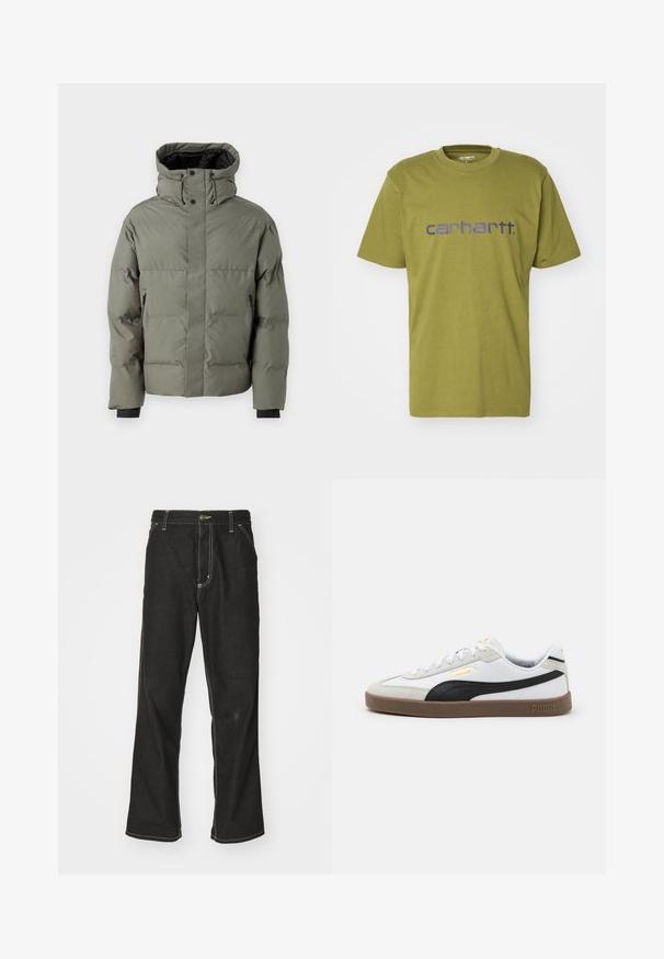Doudoune en vert olive, avec un col montant, des poches latérales zippées et des poignets élastiques. Texture lisse et design rembourré.; T-shirt en coton vert olive avec un col rond et des manches courtes, arborant un logo "carhartt." bleu sur la poitrine.; Jean en denim noir avec une coupe ample, comportant des coutures blanches contrastantes, une fermeture à bouton et un design à jambes droites.; Basket blanche en cuir avec accent en suède noir, bout rond, semelle plate en caoutchouc brun, et logo doré embossé sur le côté. Lacets et col rembourré.