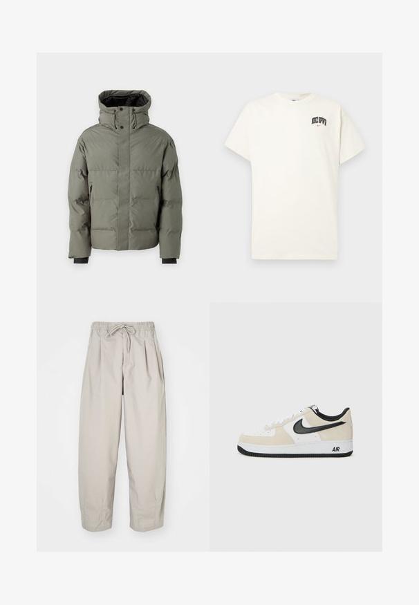 Pufová bunda v olivovo zelenej farbe, s vysokým golierom, zipsom na bočných vreckách a elastickými manžetami. Hladký povrch a vypchávkový dizajn.; Krémová bavlnená tričko s krátkymi rukávmi, s nápisom "NIKE SB" v čiernej a červenej farbe na hrudi. Štandardný okrúhly výstrih.; Béžové, ľahké nohavice s elastickým pásom a šnúrkou na stiahnutie. Obsahujú plisovanie a voľný strih, vyrobené z mäkkej, hladkej tkaniny.; Tenisky s hornou časťou z ľahkej béžovej semišovej kože a bielej kože, čierny Nike swoosh, čierne akcenty a biela gumová podrážka s brandingom "AIR".
