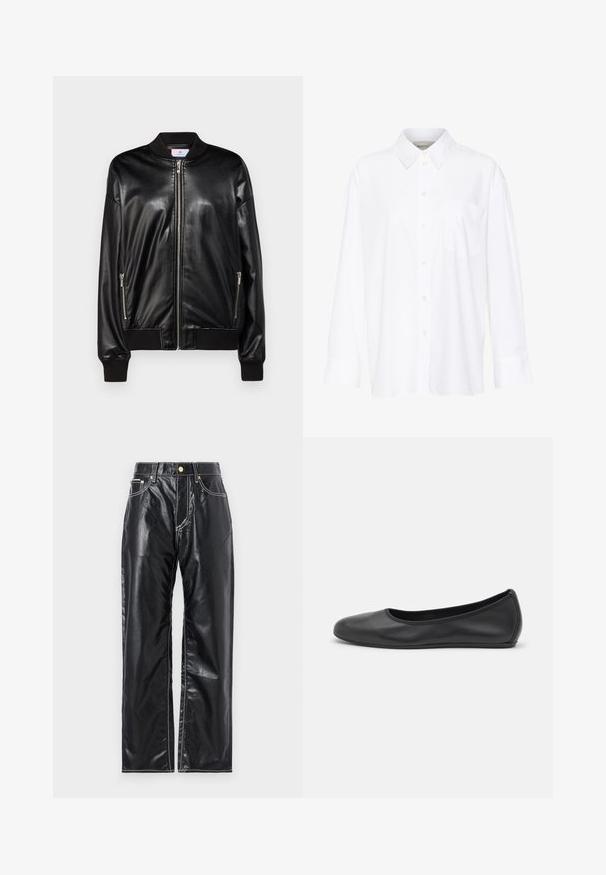 Black leather bomber jacket with a smooth texture, ribbed collar and cuffs, front zip closure, and two zippered side pockets.; White long-sleeve collared shirt made of cotton. Features a button-down front and a single chest pocket. Smooth texture, relaxed fit.; Black faux leather pants with a wide-leg cut, featuring white stitching, front pockets, and a gold button at the waistband.; Black leather ballet flat with a rounded toe, smooth texture, minimal stitching detail, and a flexible sole design.